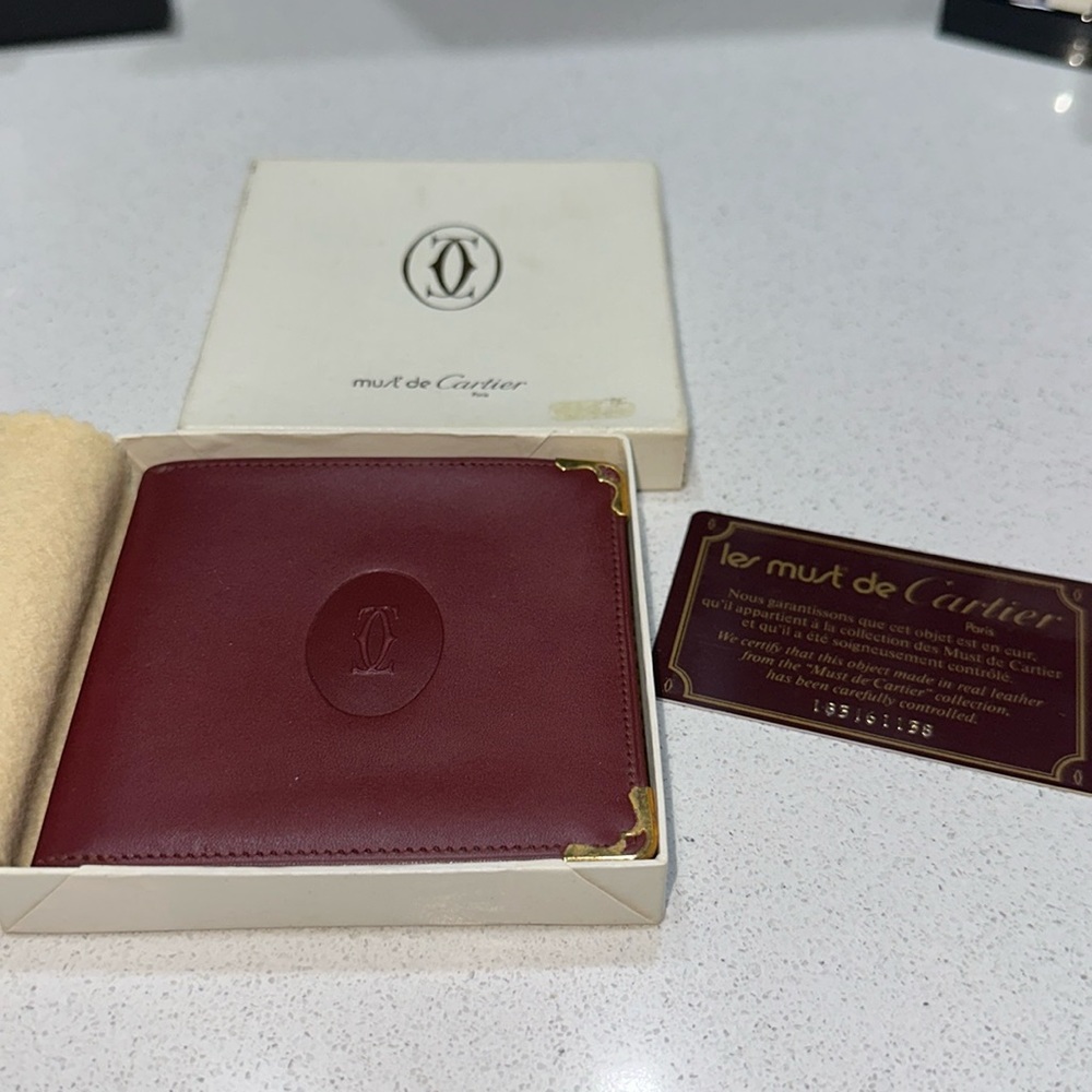 Le Must de Cartier Men's Burgundy Leather Wallet with w box & card Vintage